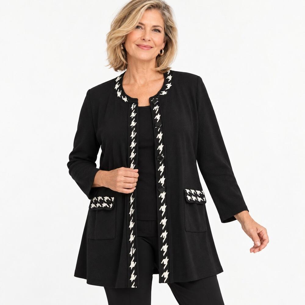 Exclusively Misook Cardigan 3X Black White Houndstooth Long Knit Jacket Stretch